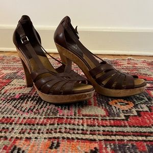 Michael Kors Womens 10 Peep Toe Brown Leather Wooden Heels
